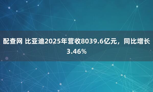 配查网 比亚迪2025年营收8039.6亿元，同比增长3.46%
